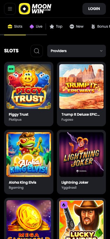 MoonWin Casino Mobile Games Page Screenshot