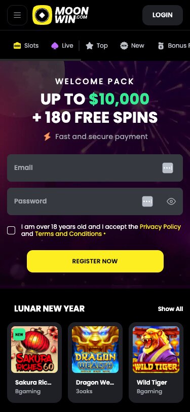 MoonWin Casino Mobile Homepage Screenshot