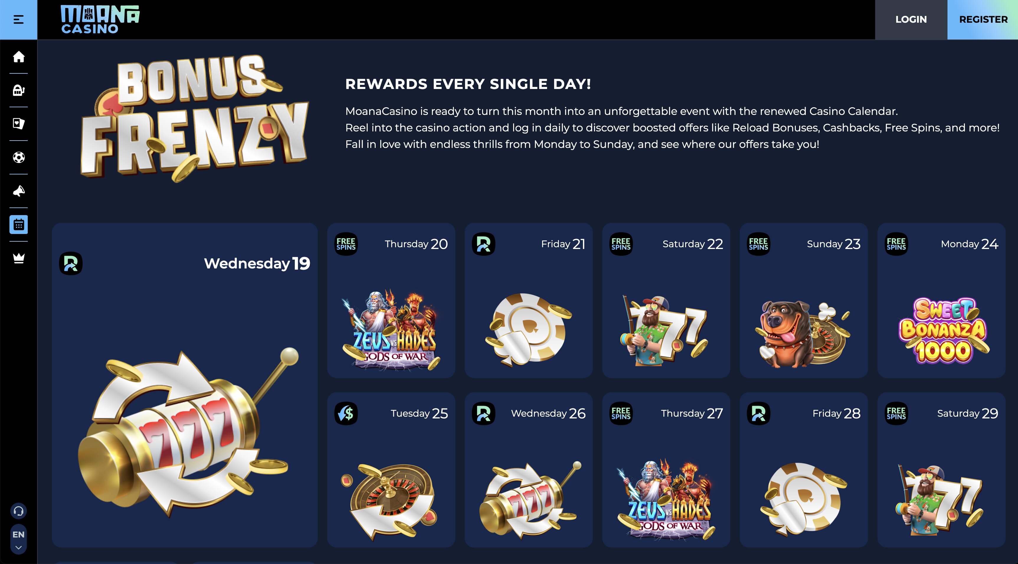 Moana Casino Rewards Page Screenshot
