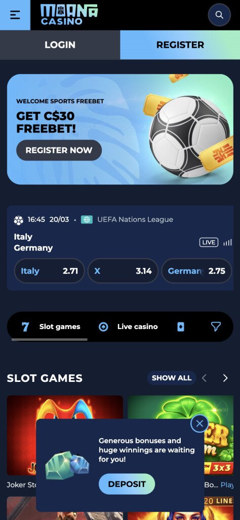 Moana Casino Mobile Homepage Screenshot
