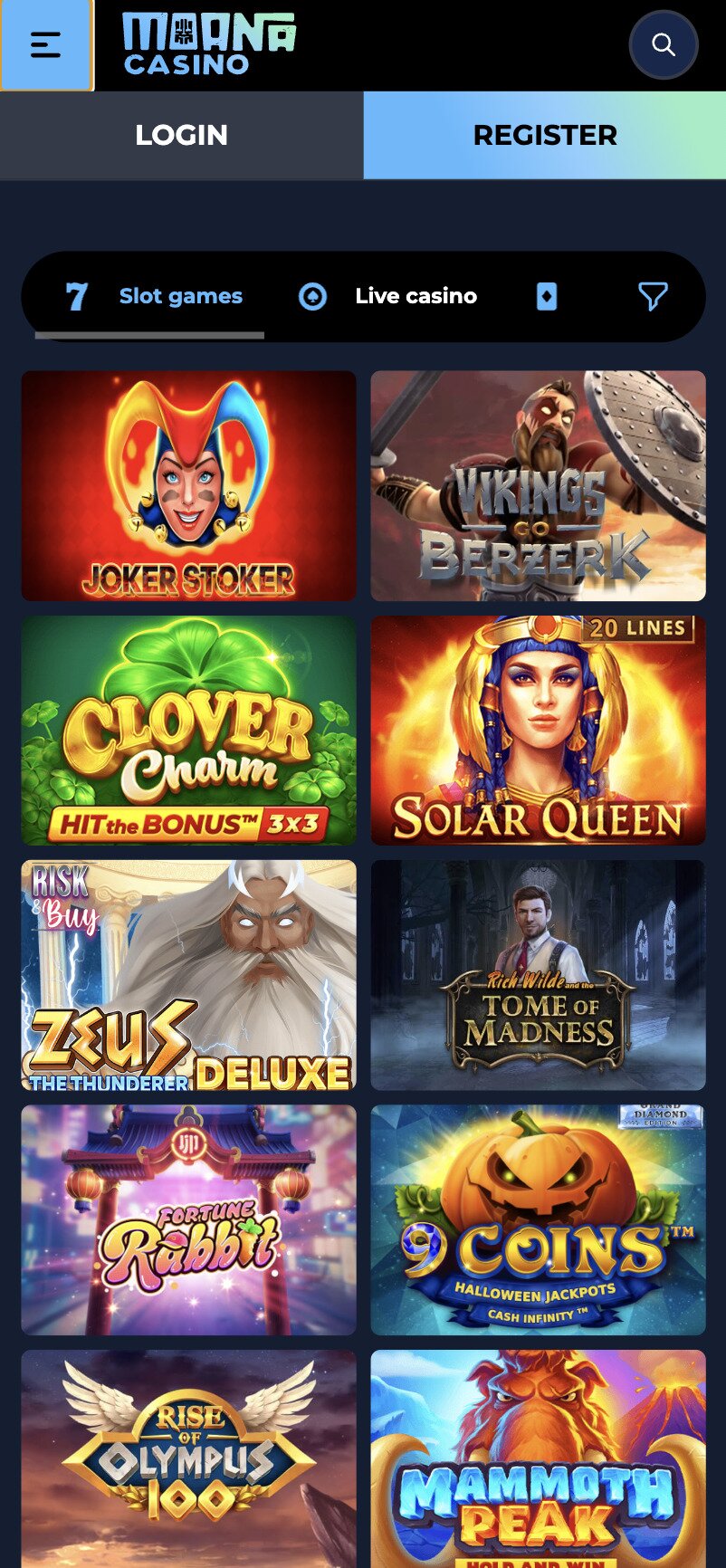 Moana Casino Mobile Games Page Screenshot