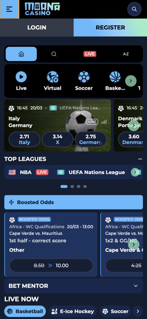 Moana Casino Mobile Sportsbook Page Screenshot