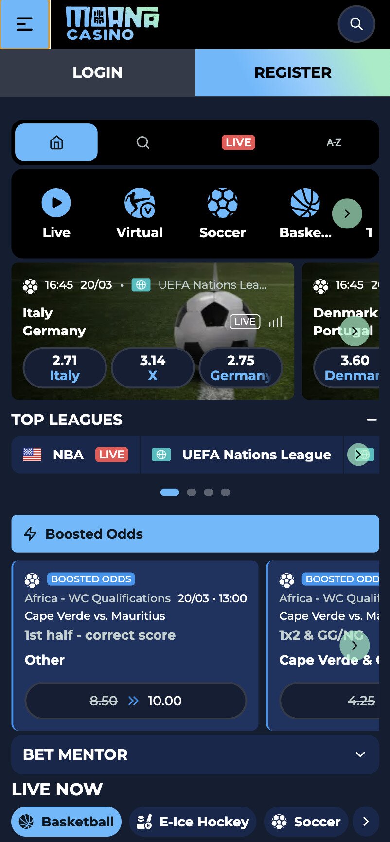 Moana Casino Mobile Sportsbook Page Screenshot