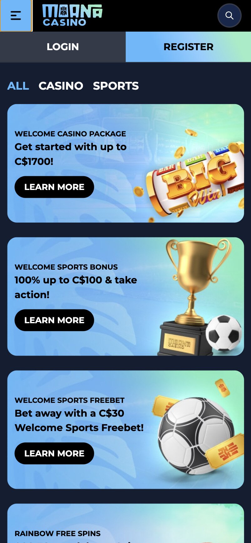 Moana Casino Mobile Bonuses Page Screenshot