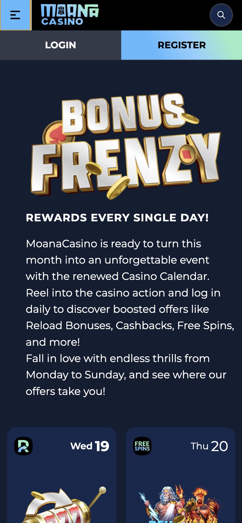Moana Casino Mobile Rewards Page Screenshot