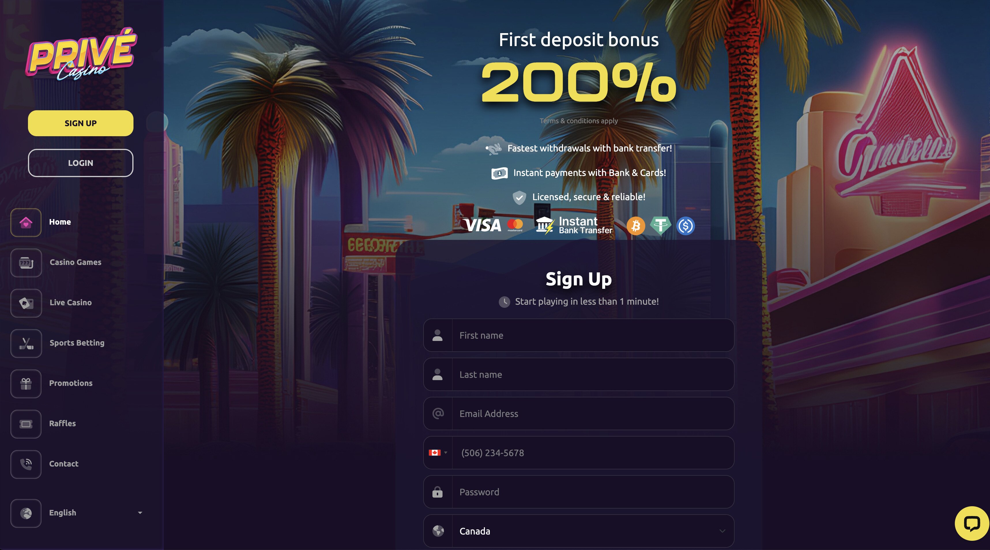 Prive Casino home page