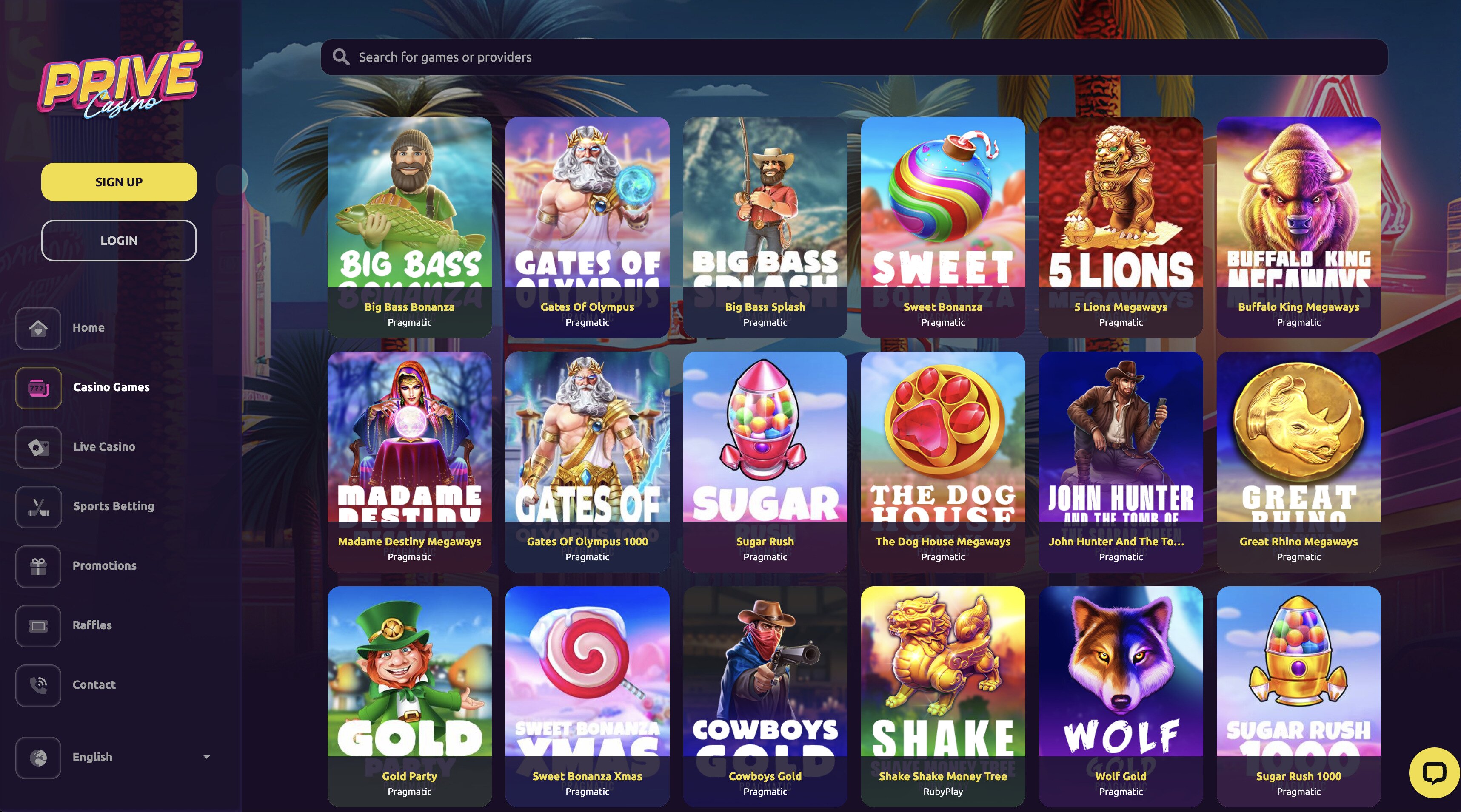 Prive Casino game lobby