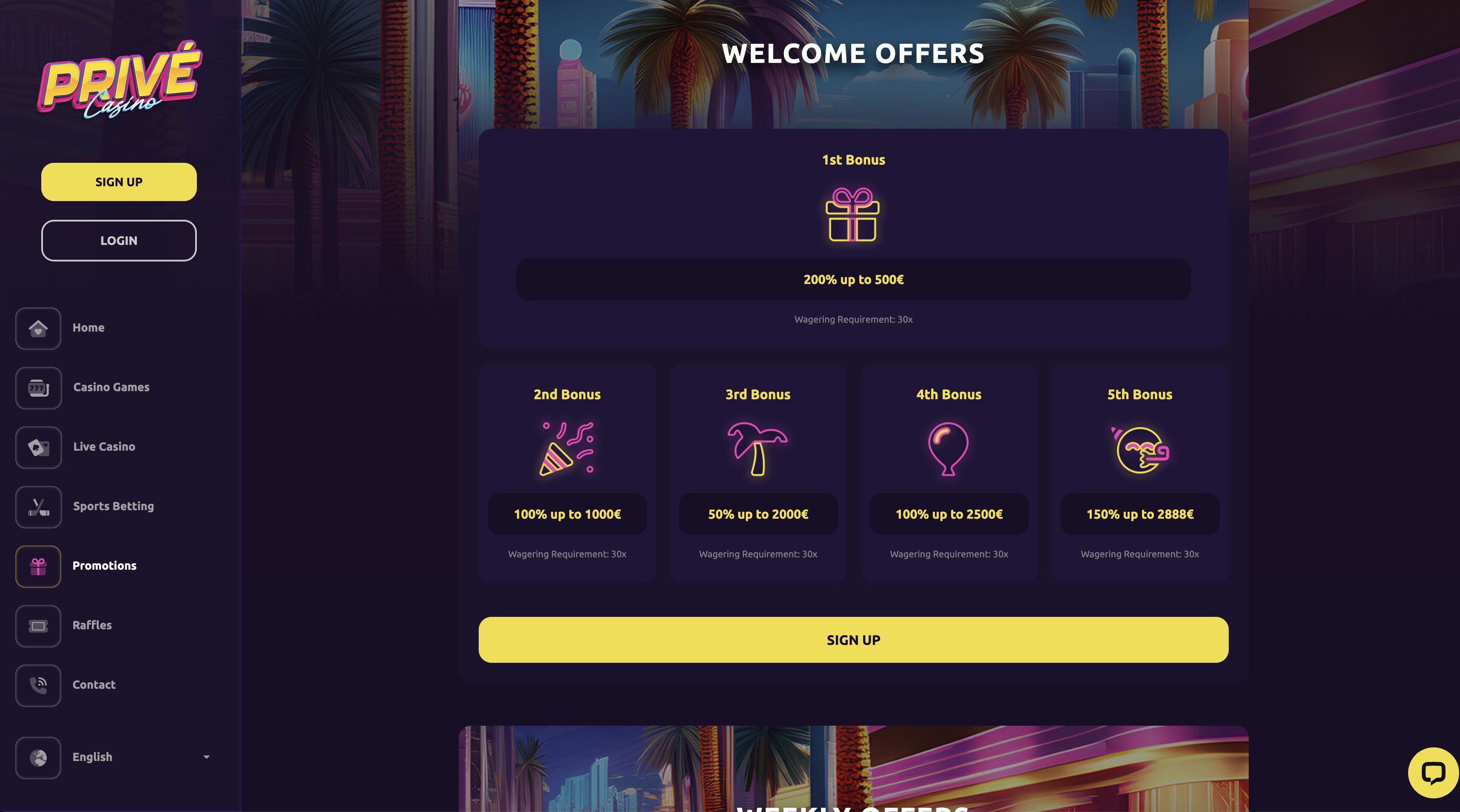 Prive Casino bonuses