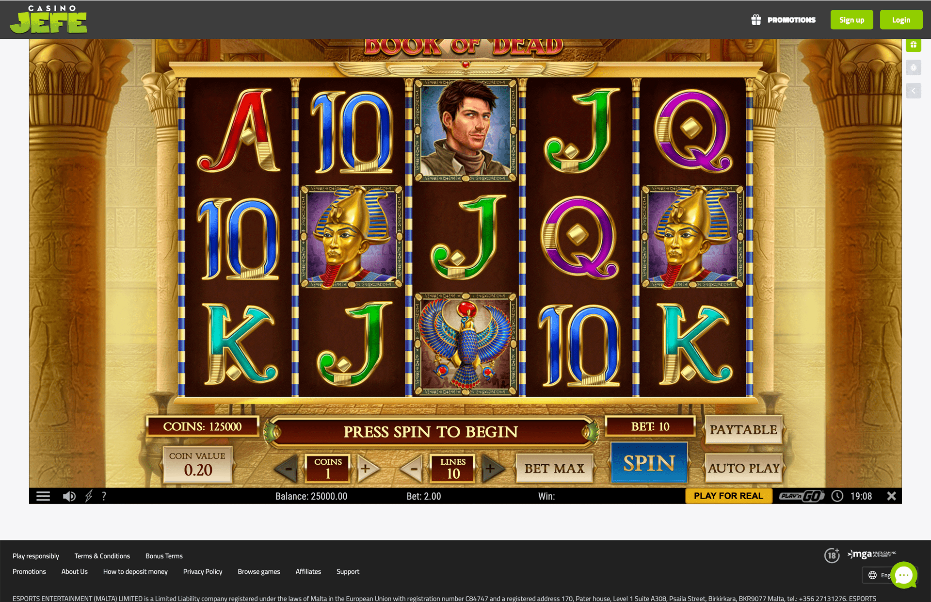 CasinoJEFE Book of Dead Slot Screenshot