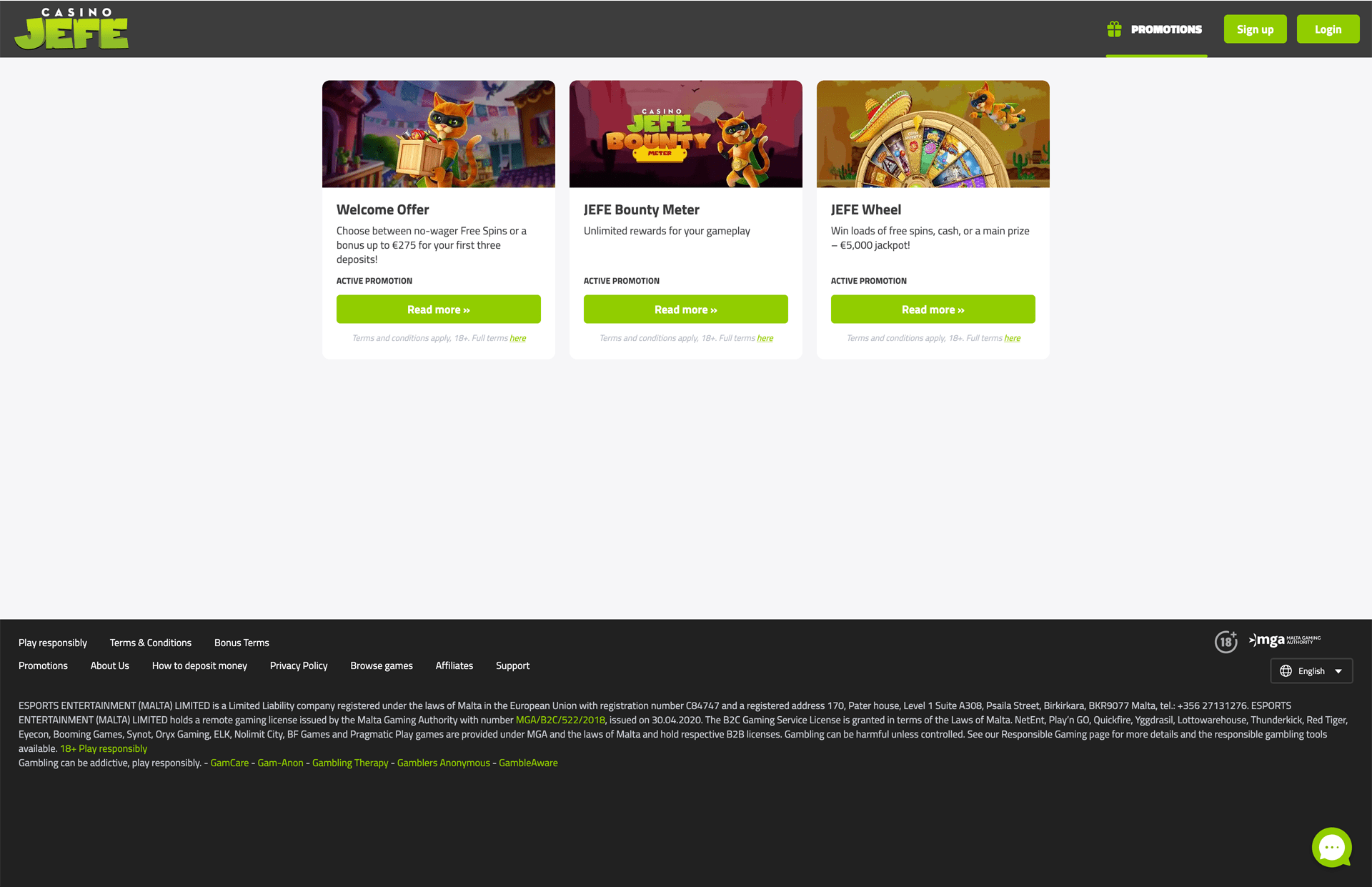 CasinoJEFE Promotions Page Screenshot