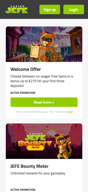 CasinoJEFE Mobile Promotions Page Screenshot