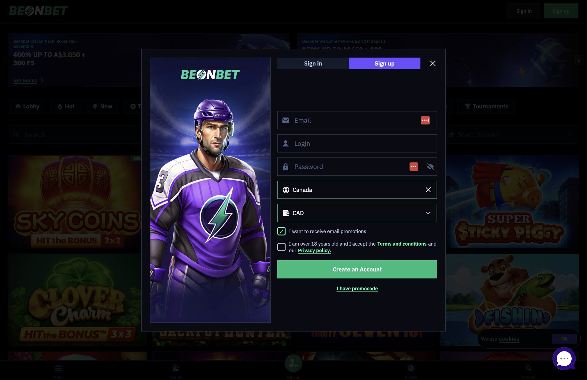 BeonBet Signup Page Screenshot