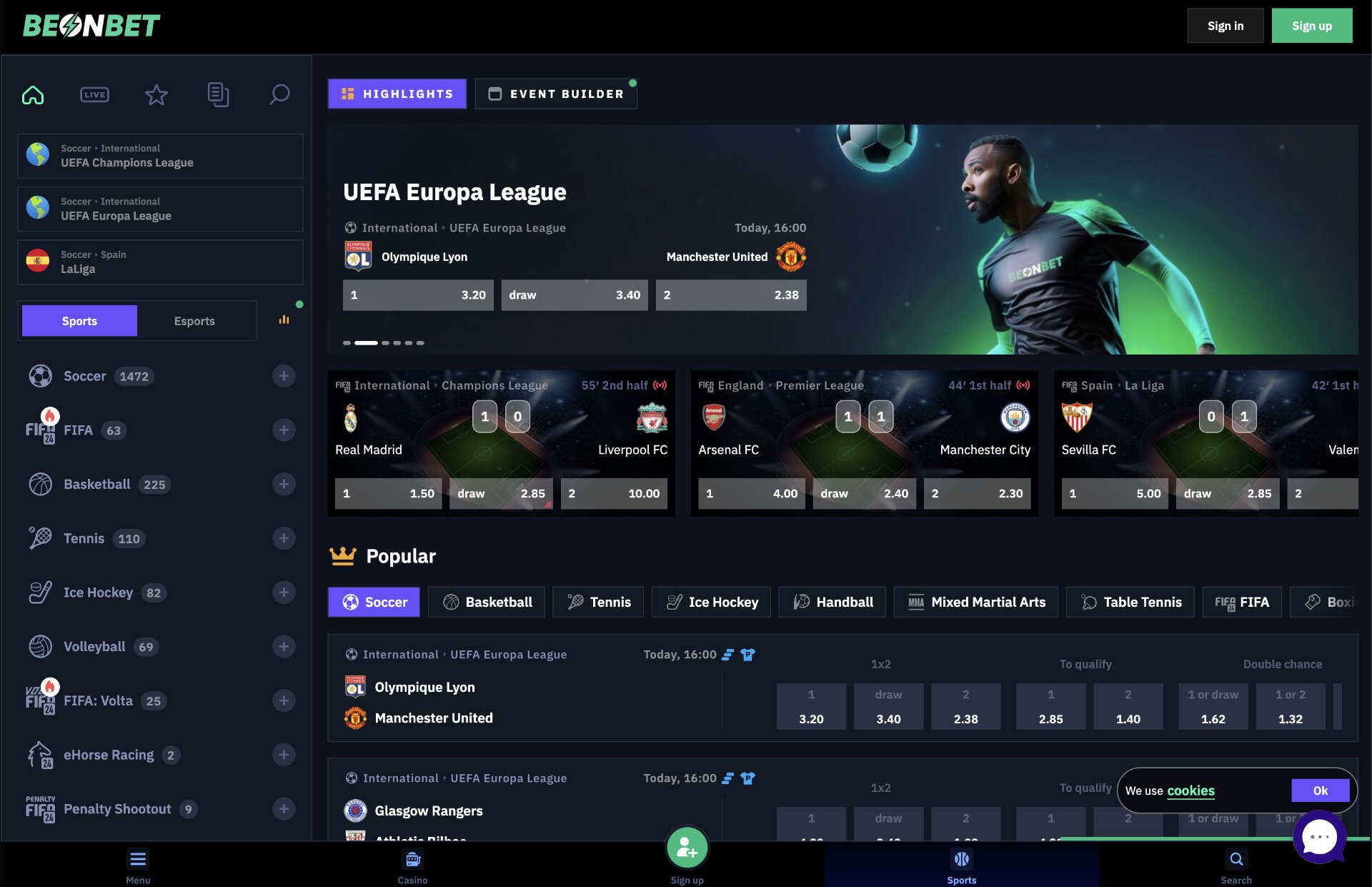 BeonBet Sportsbook Page Screenshot