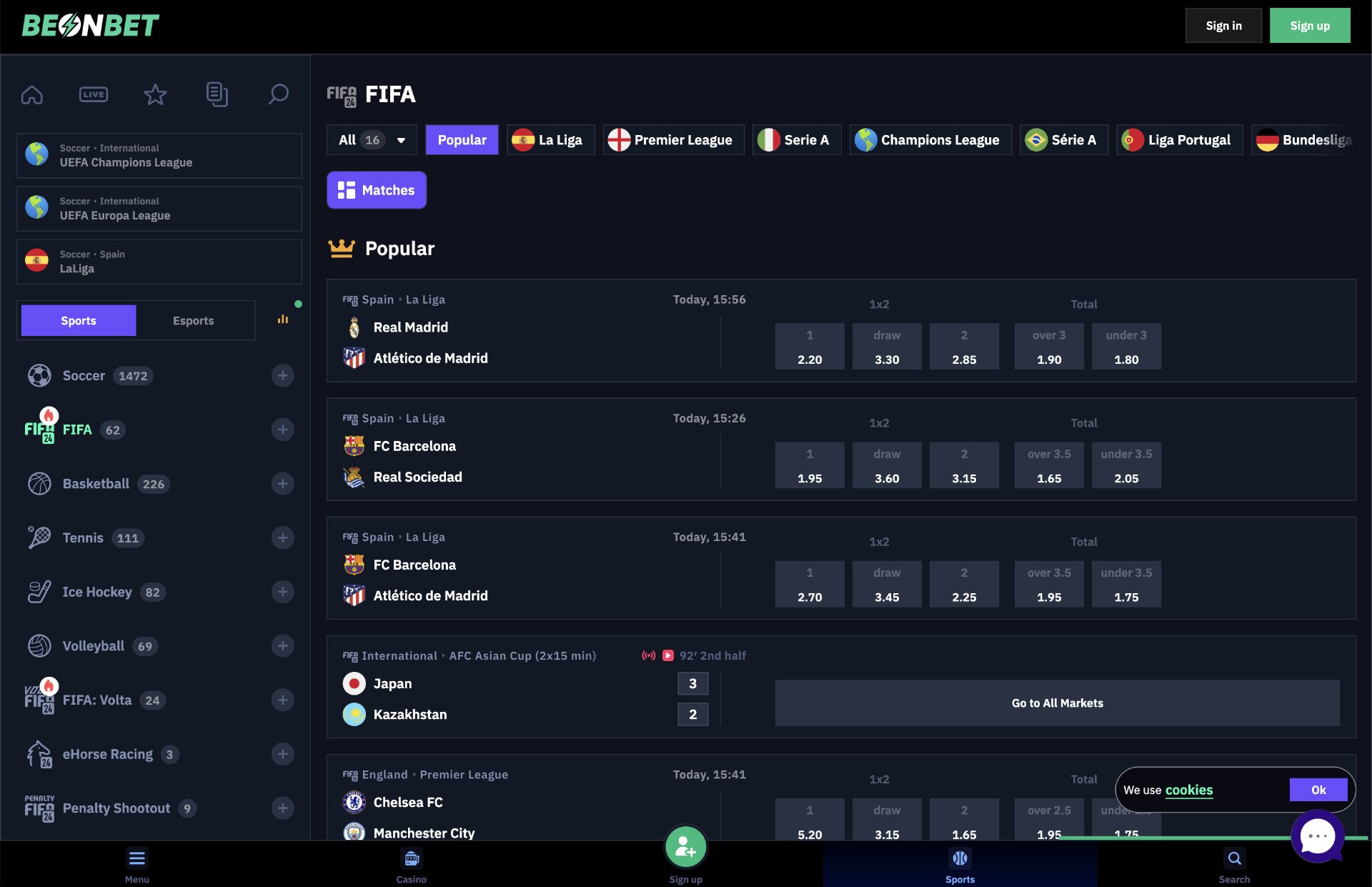 BeonBet Virtual Sports Page Screenshot