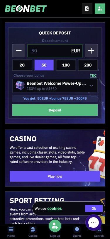 BeonBet Mobile Homepage Screenshot