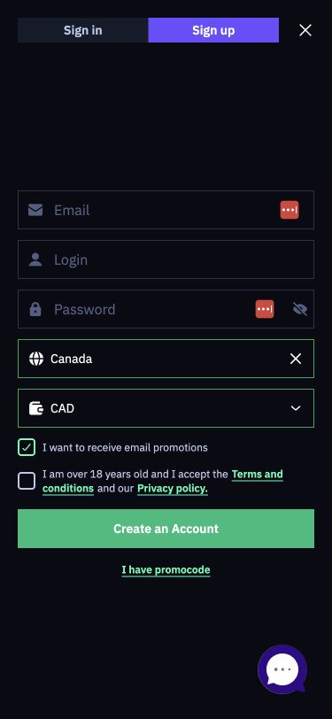 BeonBet Mobile Signup Page Screenshot