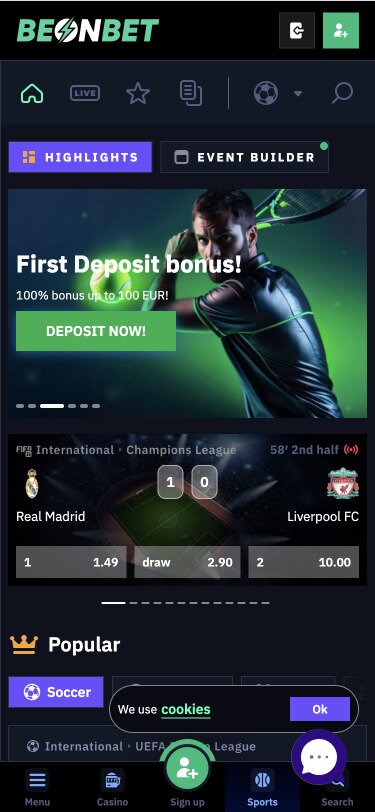BeonBet Mobile Sportsbook Bonus Page Screenshot
