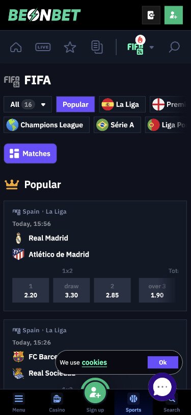 BeonBet Mobile Sportsbook Page Screenshot
