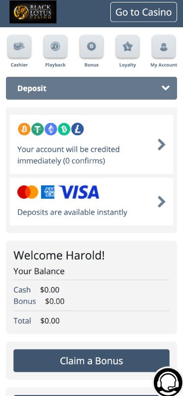 Black Lotus Casino Mobile Cashier Page Screenshot