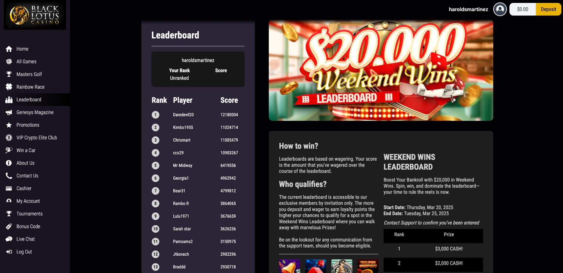 Black Lotus Casino Leaderboard Page Screenshot