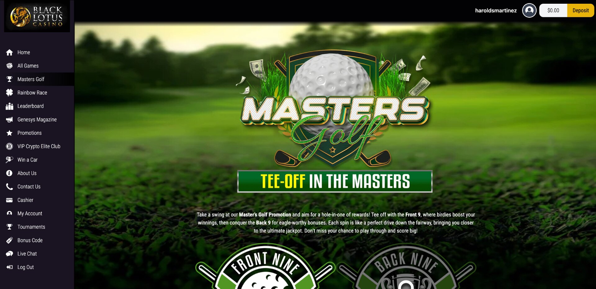 Black Lotus Casino Masters Golf Page Screenshot