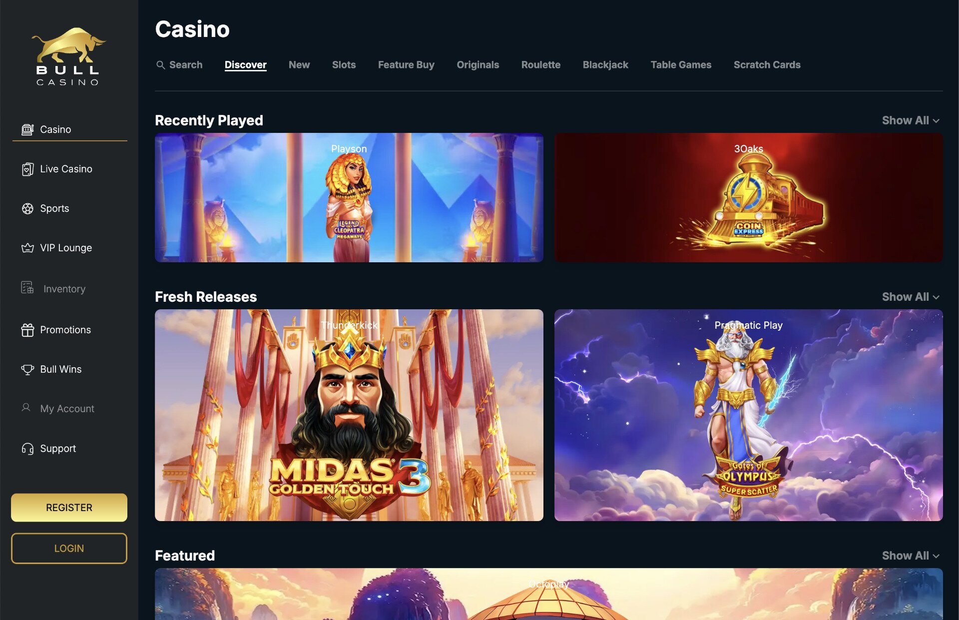 Bull Casino Games Page Screenshot