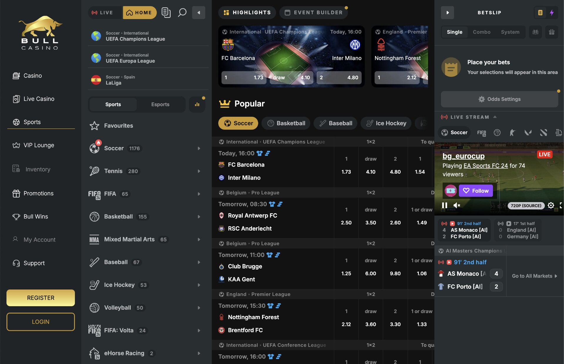 Bull Casino Sportsbook Page Screenshot