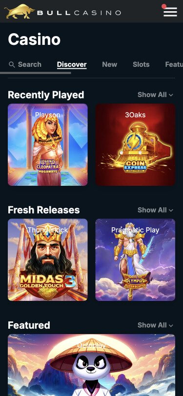 Bull Casino Games Page Screenshot