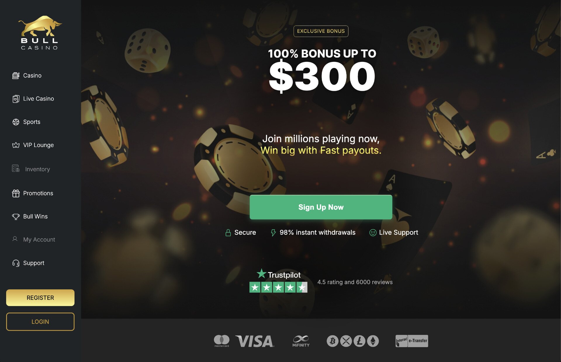 Bull Casino Homepage Screenshot