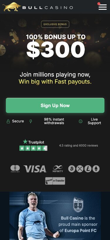 Bull Casino Mobile Homepage Screenshot