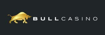 Bull Casino logo, white text and gold logo on black background