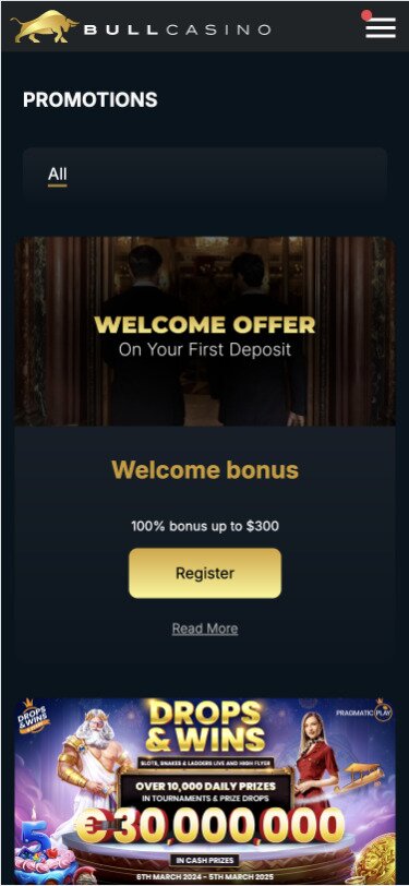 Bull Casino Mobile Promotions Page Screenshot