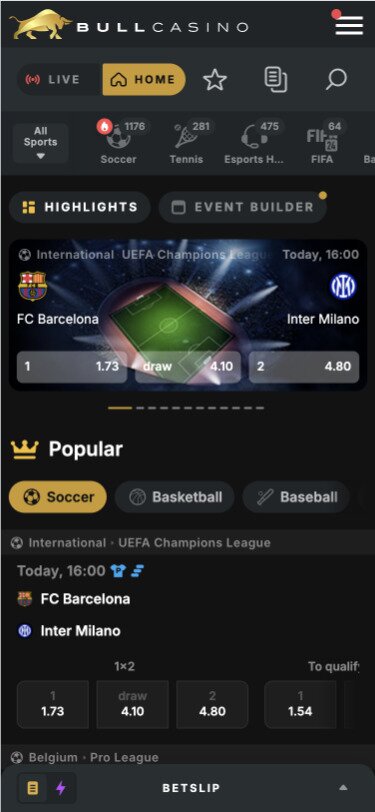 Bull Casino Mobile Sportsbook Page Screenshot