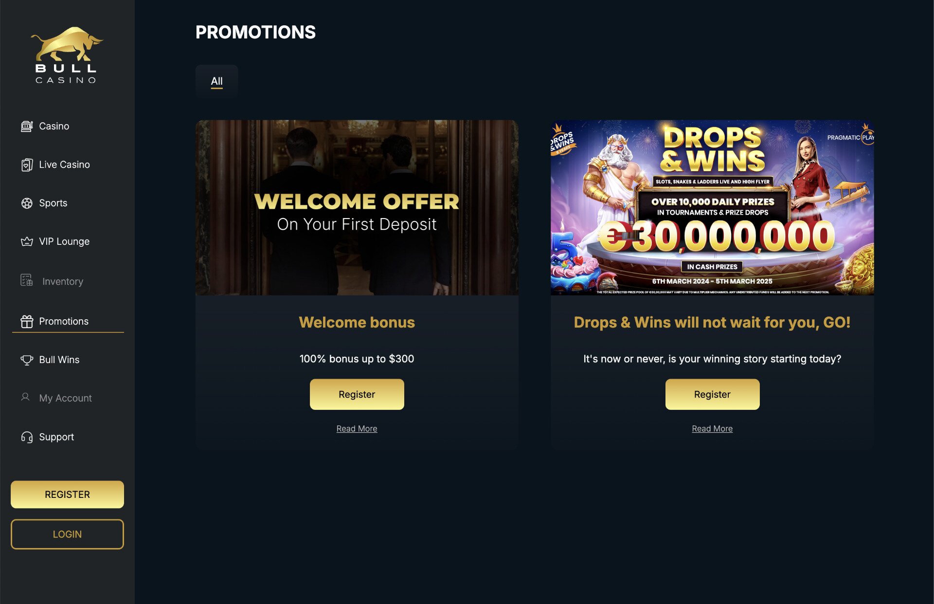 Bull Casino Promotions Page Screenshot