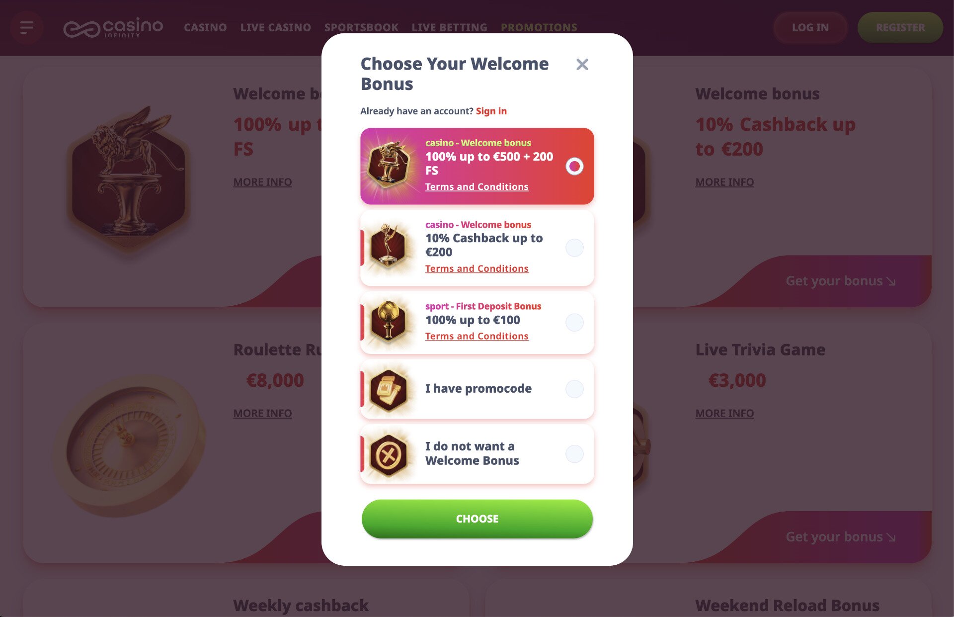 Casino Infinity Choose Bonus Page Screenshot