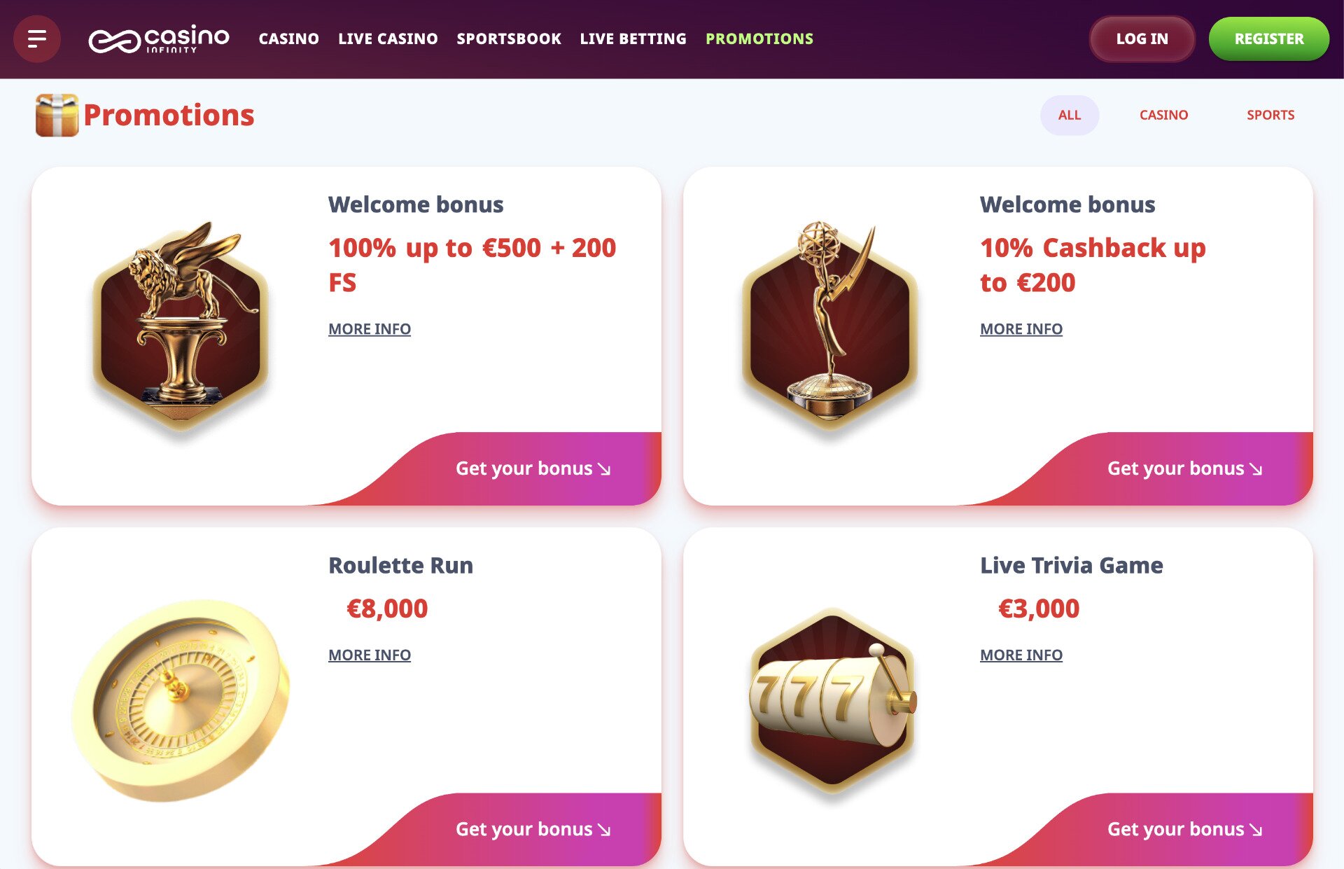 Casino Infinity Promotions Page Screenshot