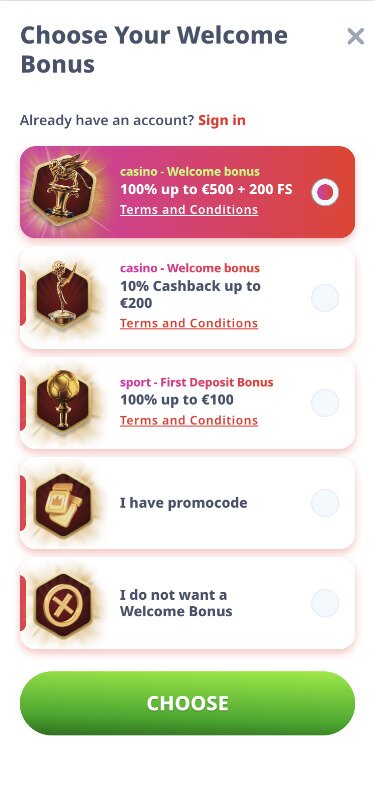 Casino Infinity Mobile Choose Bonus Page Screenshot