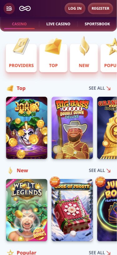 Casino Infinity Mobile Games Page Screenshot