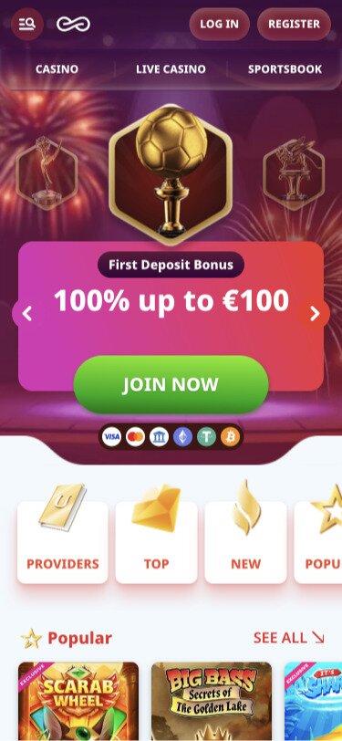 Casino Infinity Mobile Promotions Page Screenshot