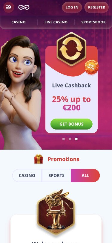 Casino Infinity Mobile Promotions Page Screenshot