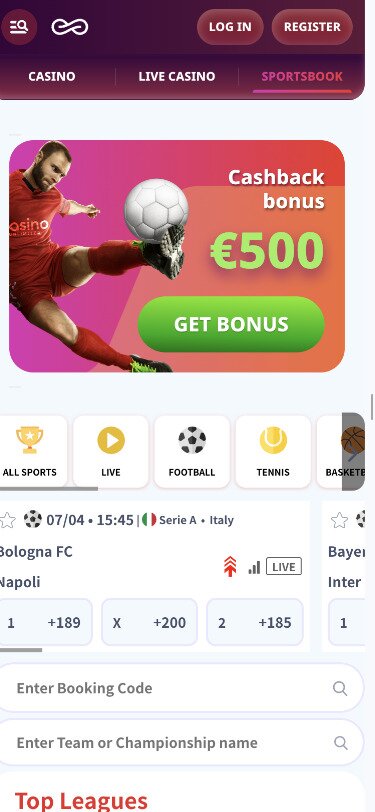 Casino Infinity Mobile Sportsbook Page Screenshot