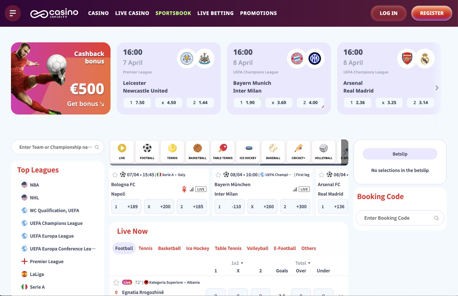 Casino Infinity Sportsbook Page Screenshot