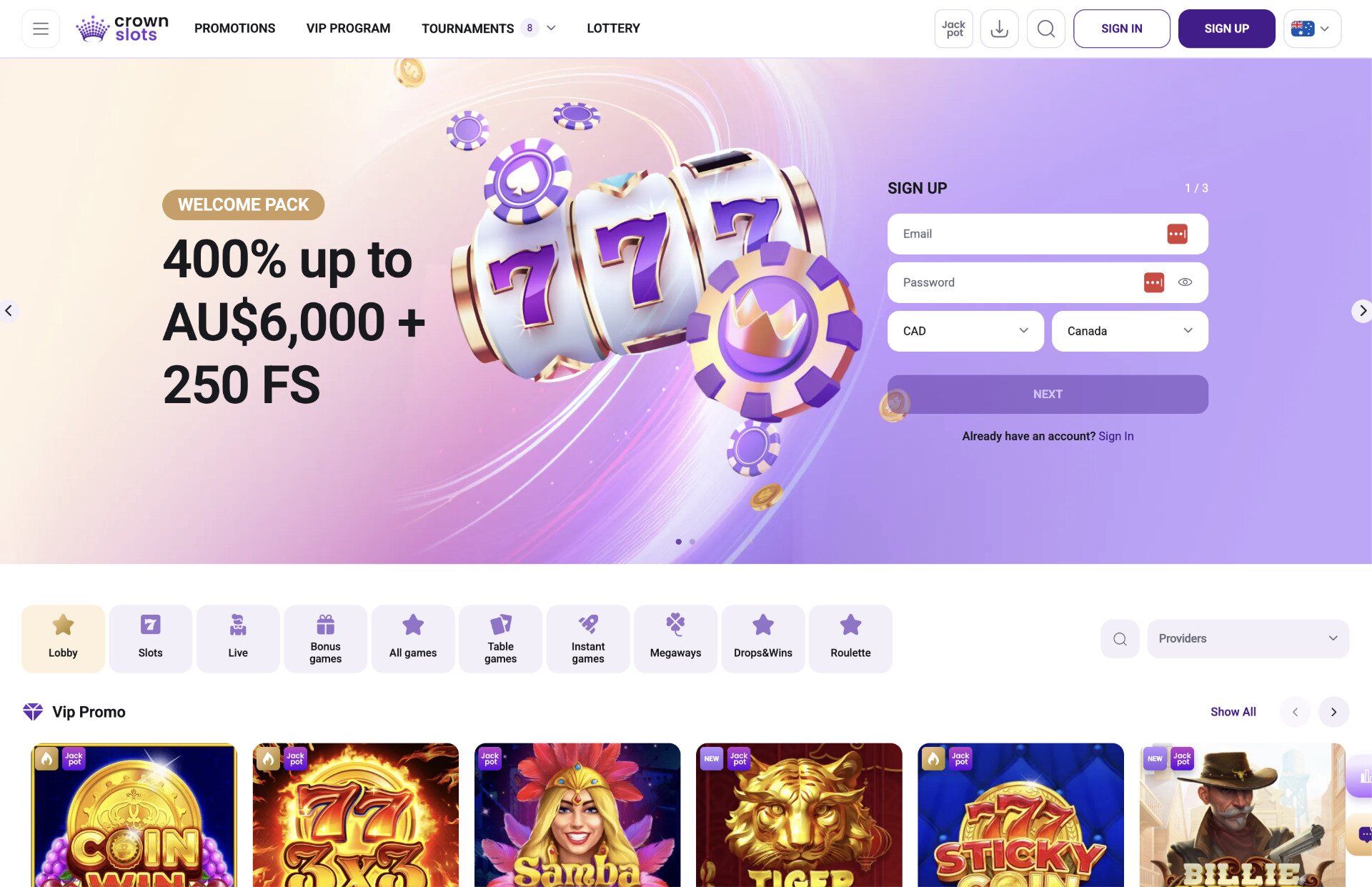 Crown Slots Homepage Screenshot