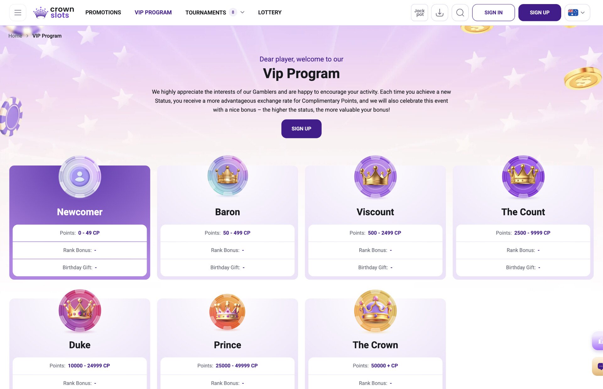 Crown Slots VIP Rewards Page Screenshot