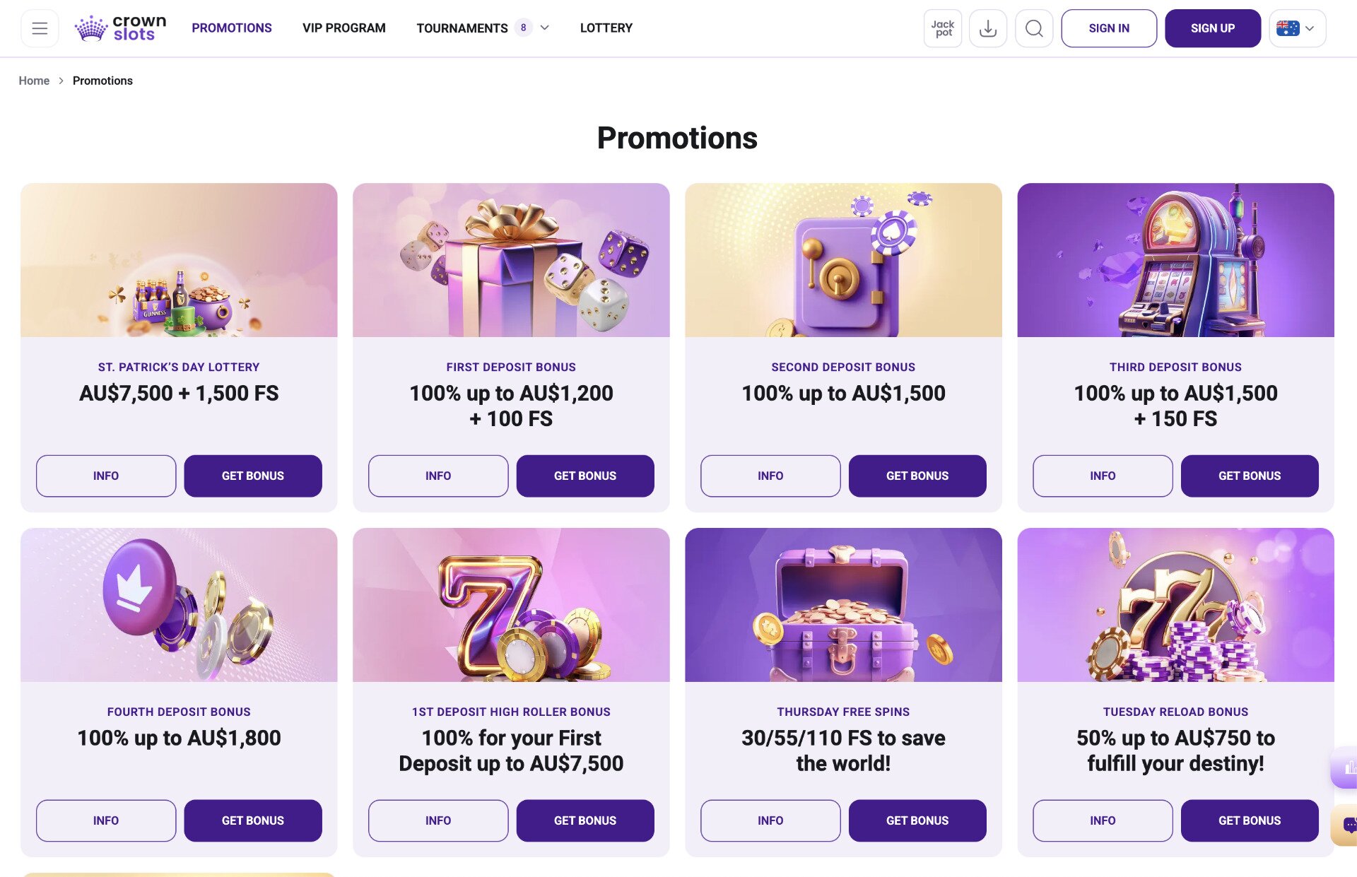 Crown Slots Mobile Promotions Page Screenshot