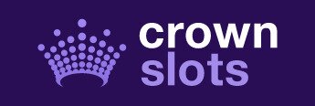 Crown Slots Logo, white and purple text on dark purple background