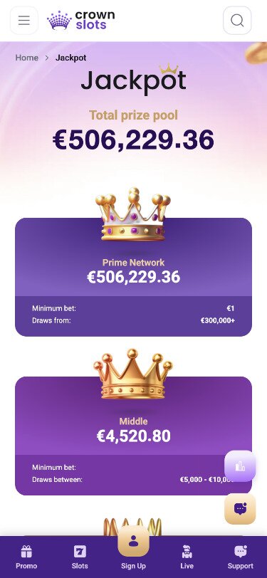 Crown Slots Mobile Jackpots Page Screenshot