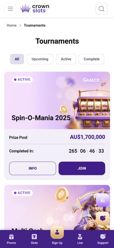 Crown Slots Mobile Tournaments Page Screenshot