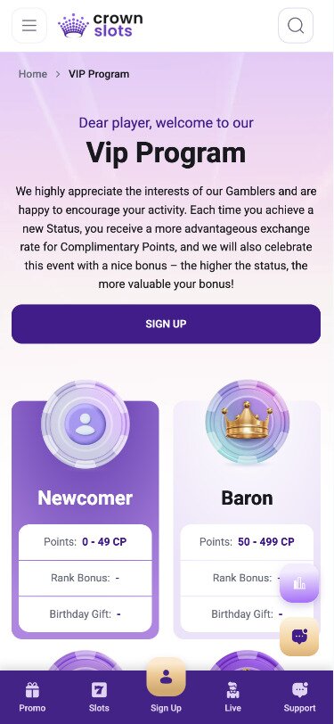 Crown Slots Mobile VIP Page Screenshot