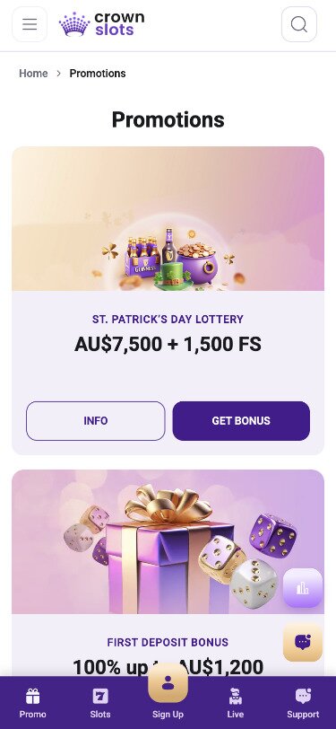 Crown Slots Mobile Promotions Page Screenshot